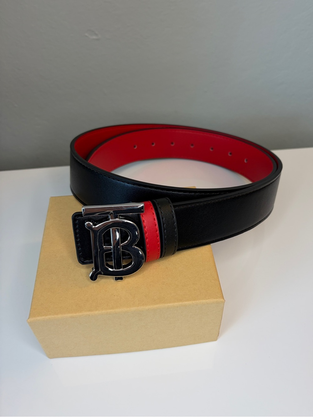 Mens Black & Red TB Genuine Leather Belt Fits Waist 35-37